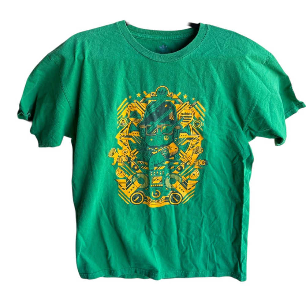 Y2k Vtg Adidas Originals Men's Graphic T-Shirt Green Size Large Robot DJ RARE